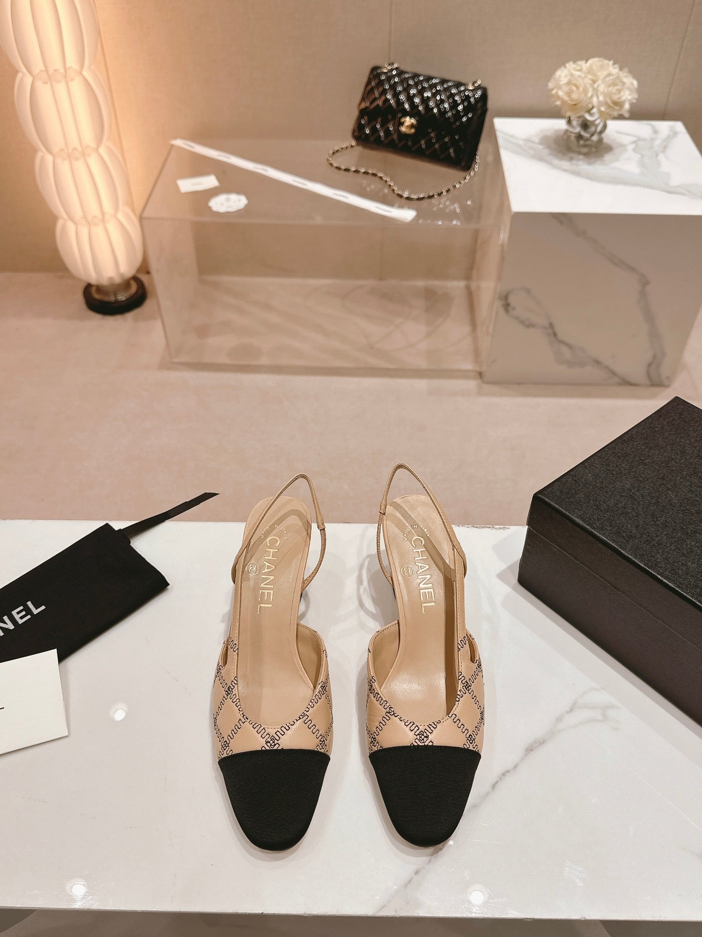 cc slingbacks 55 beige lambskin embroidery grosgrain