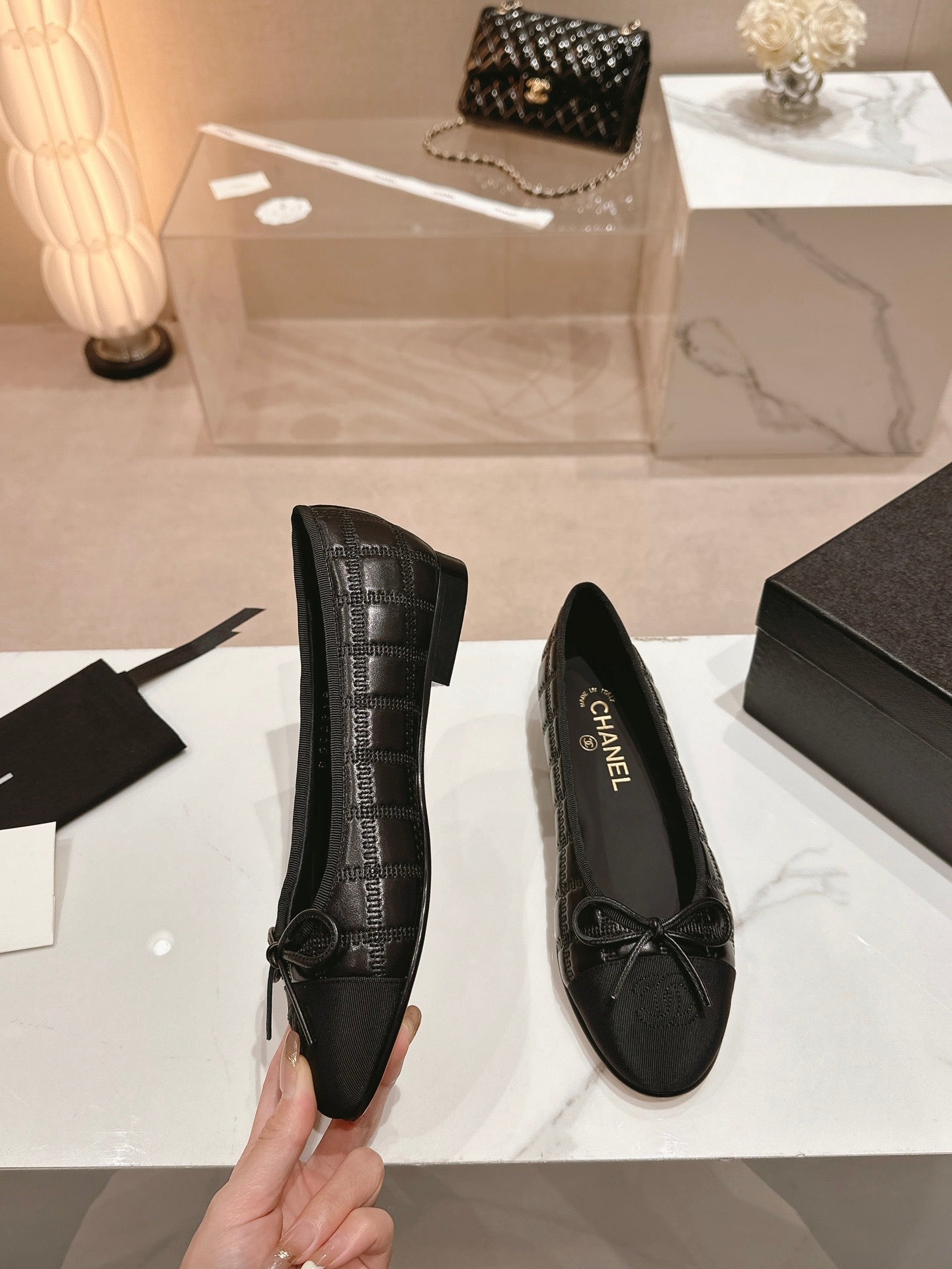 ballet flats black lambskin embroidery grosgrain