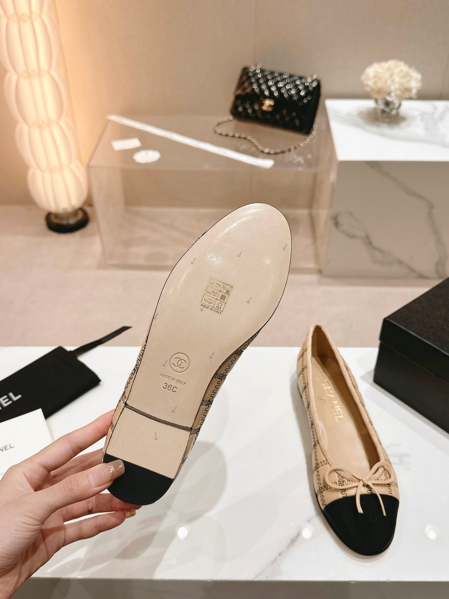 ballet flats beige black lambskin embroidery grosgrain