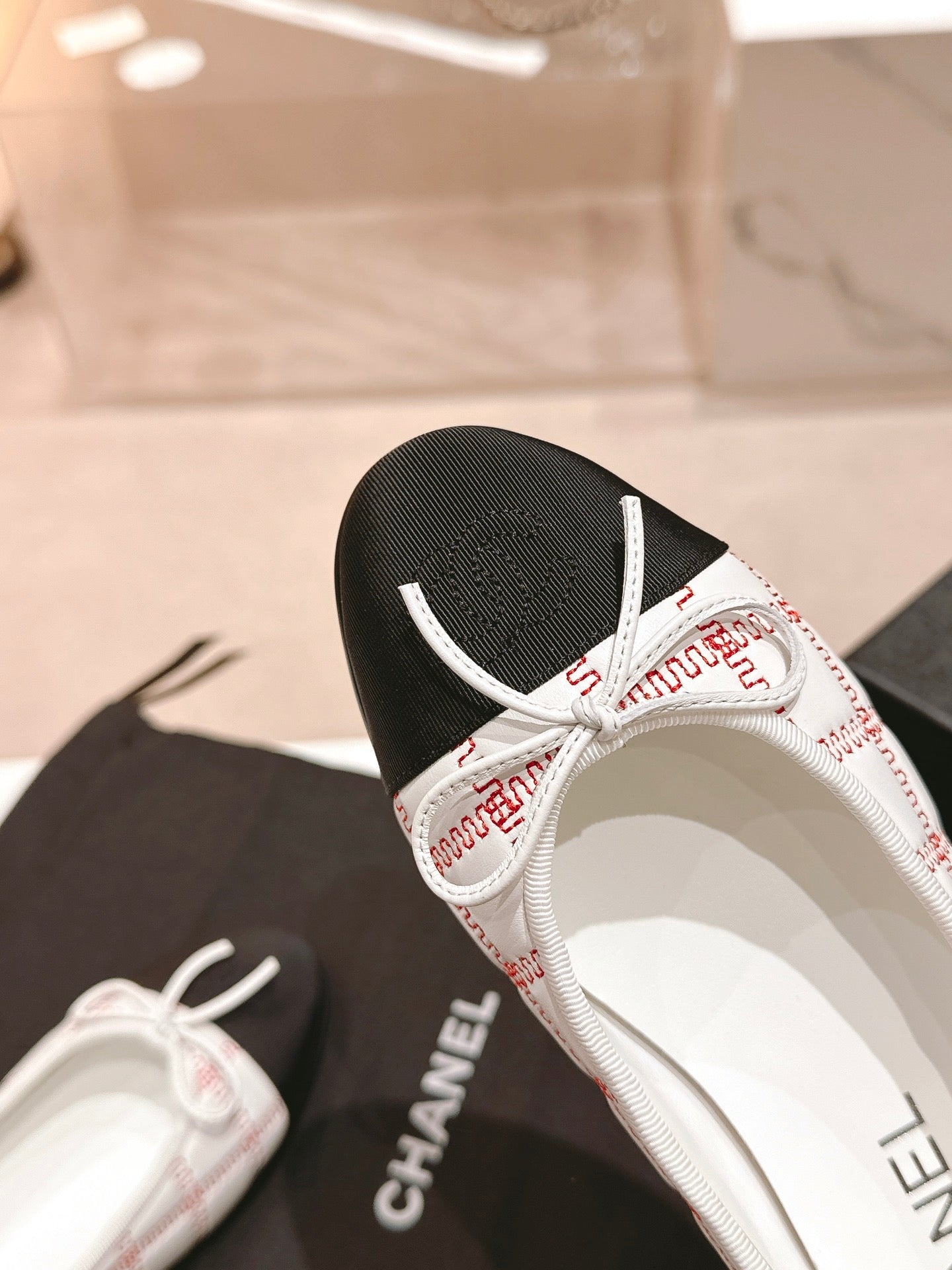 ballet flats white red lambskin embroidery grosgrain