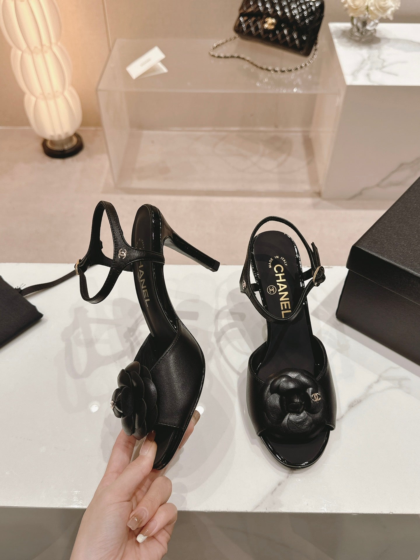 cc slingbacks sandal flower 85 black calfskin