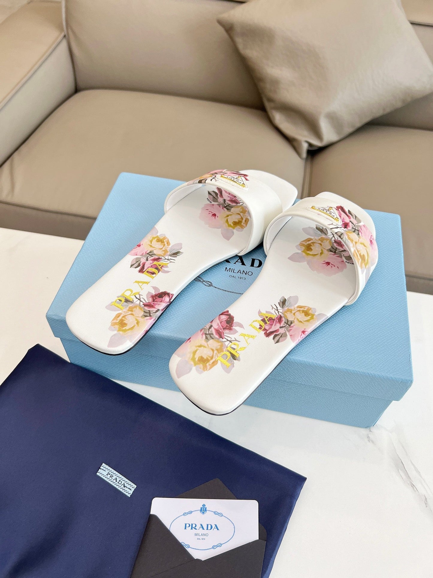 PRA PRINTED SLIDES SLIPPERS WHITE LAMBSKIN