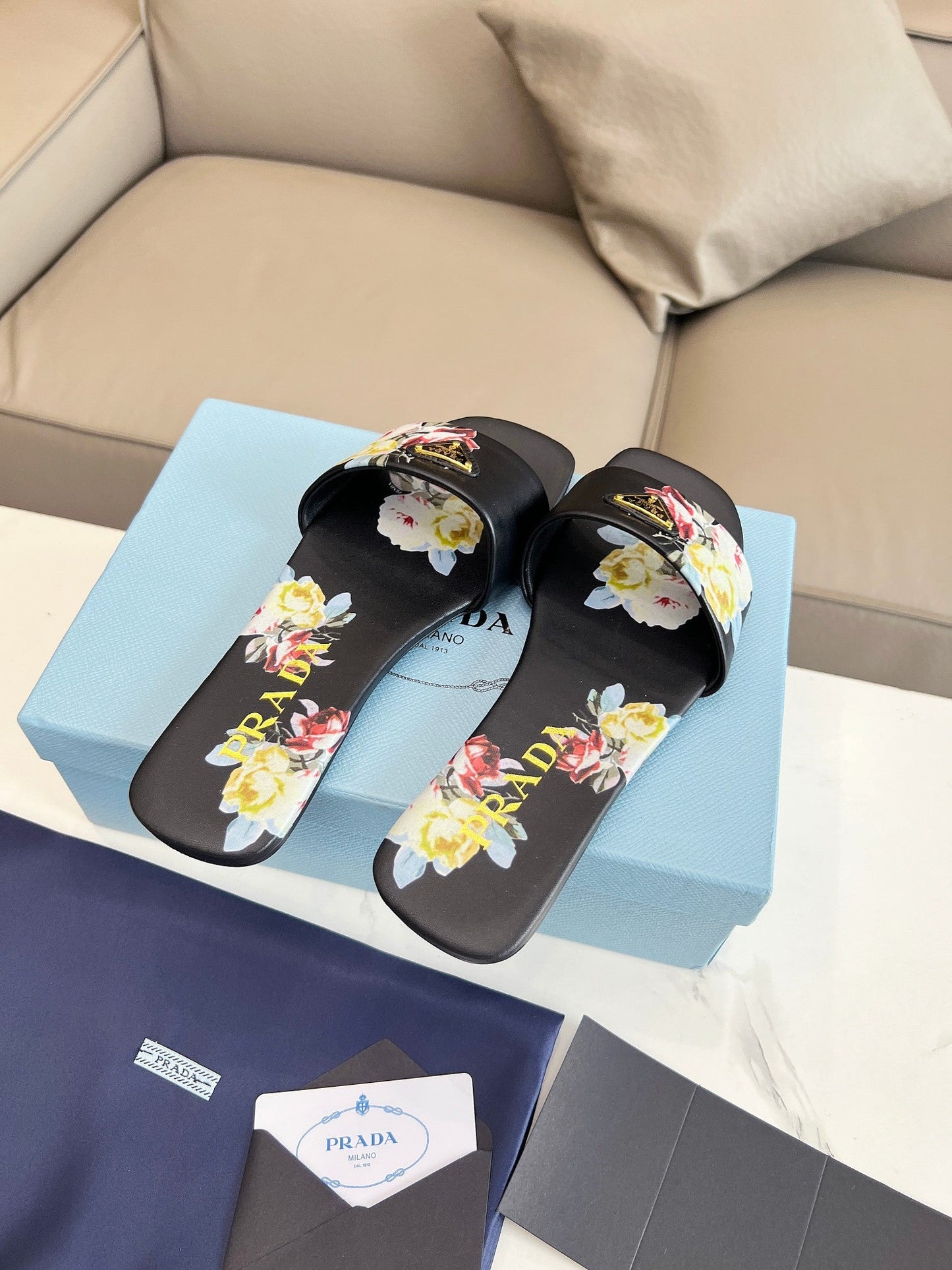 PRA PRINTED SLIDES SLIPPERS BLACK LAMBSKIN