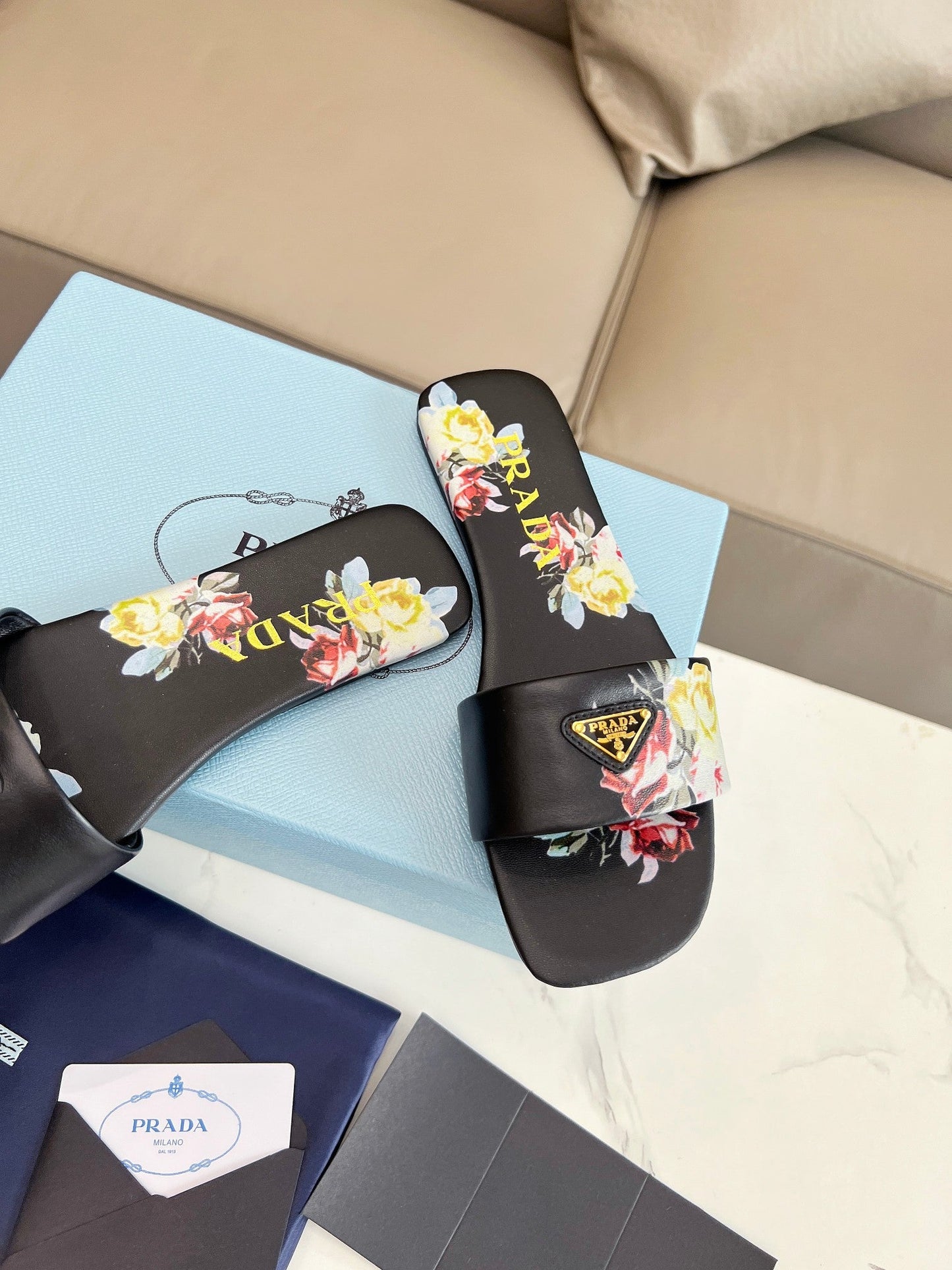 PRA PRINTED SLIDES SLIPPERS BLACK LAMBSKIN