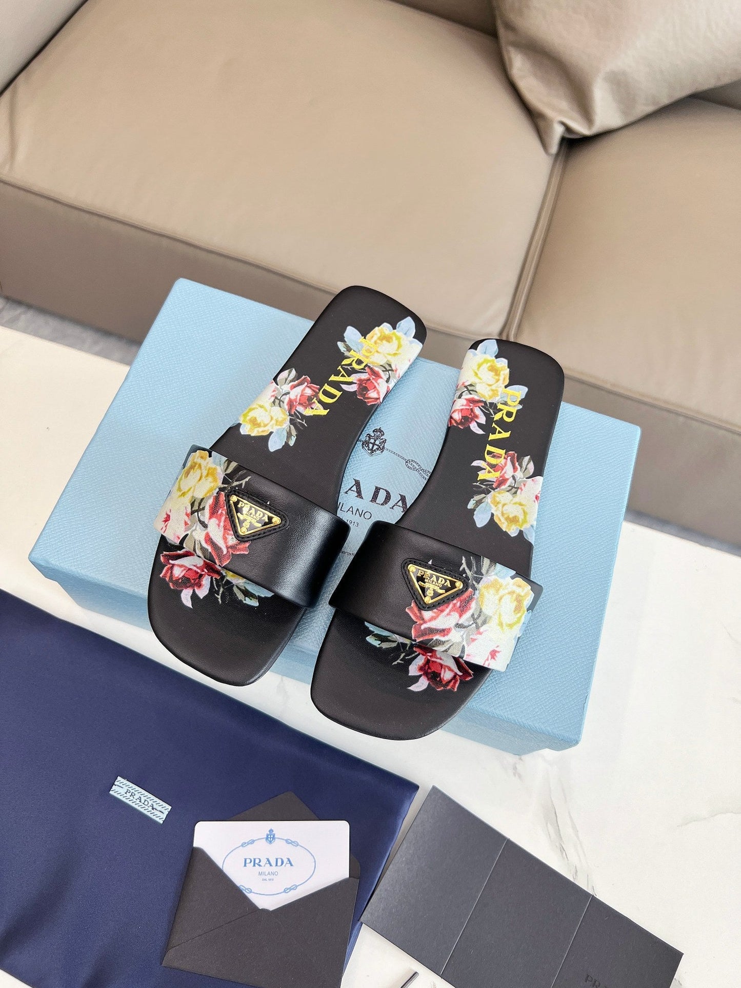 PRA PRINTED SLIDES SLIPPERS BLACK LAMBSKIN