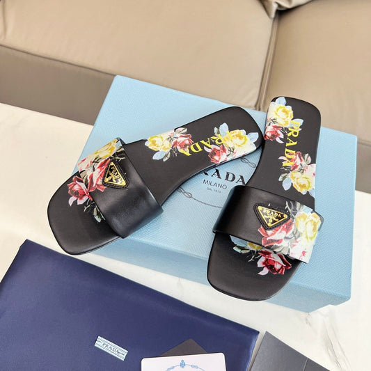 PRA PRINTED SLIDES SLIPPERS BLACK LAMBSKIN