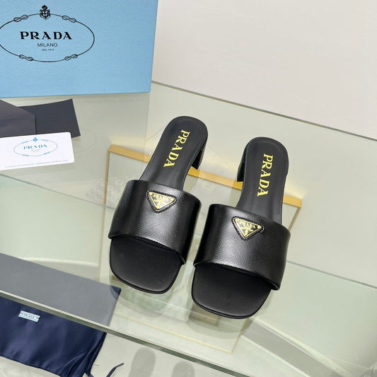 PRA EMBROIDERED SLIDES 40 BLACK CALFSKIN