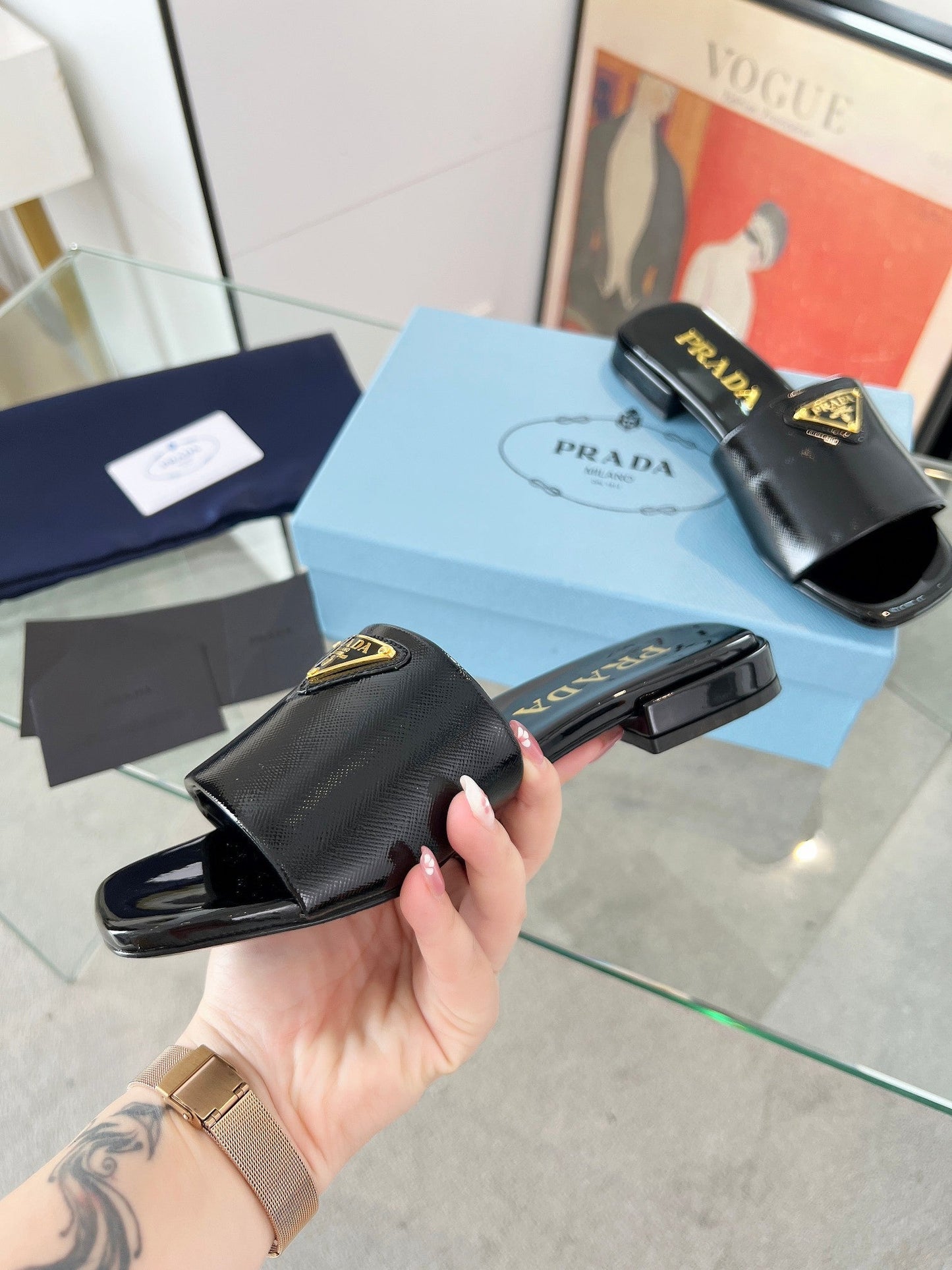 PRA SAFFIANO PATENT SLIDES BLACK CALFSKIN