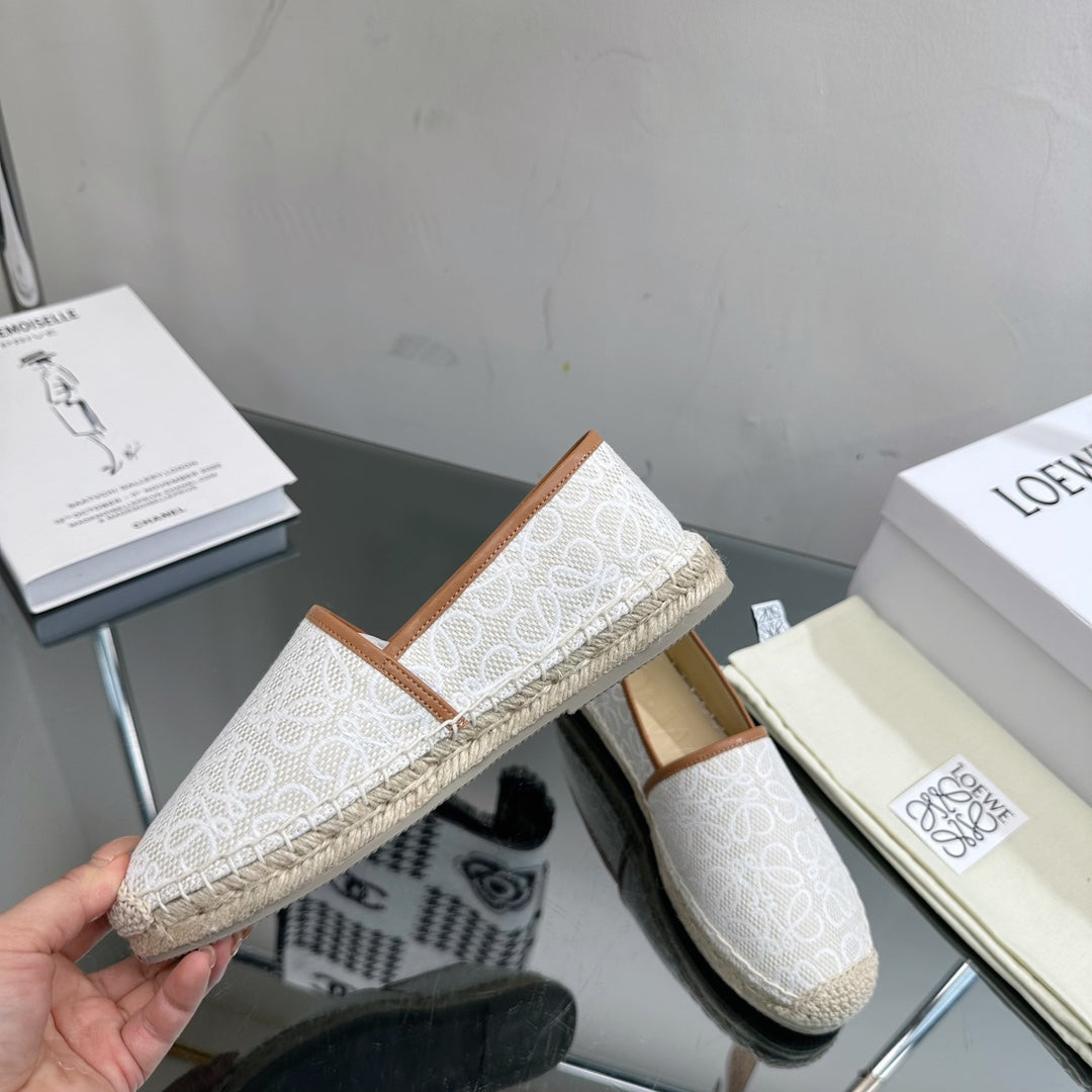 Loew Anagram Espadrille White Brown Leather and Canvas