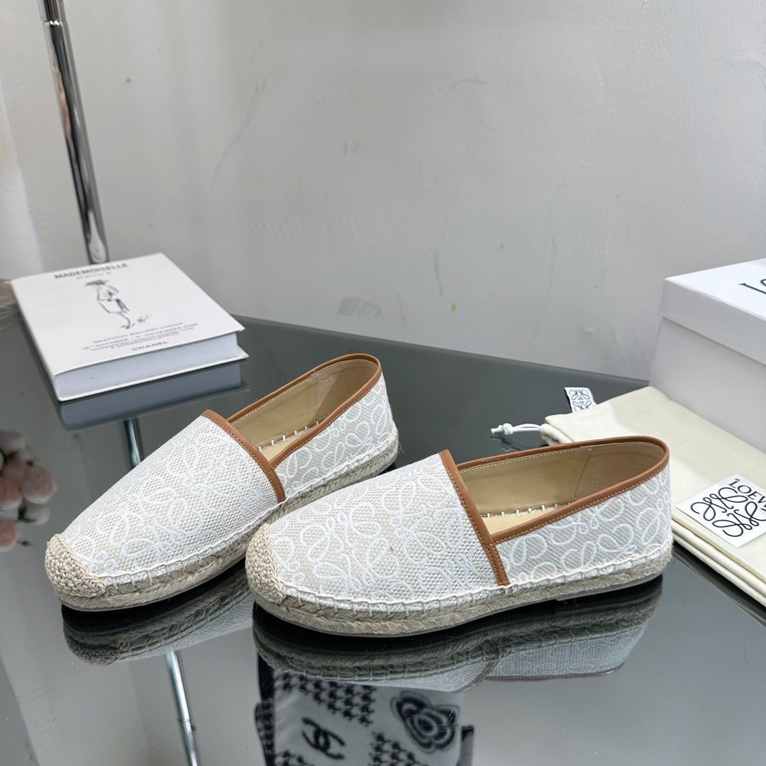 Loew Anagram Espadrille White Brown Leather and Canvas