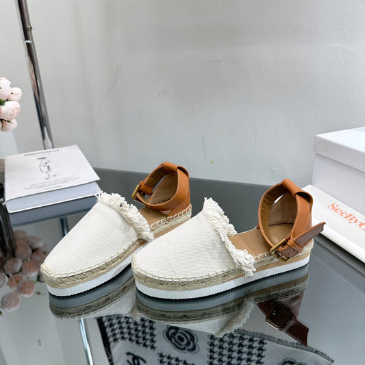 SEE BY CHLOÉ ESPADRILLES SANDAL IN WHITE FABRIC AND BRONZE BROWN CALFSKIN