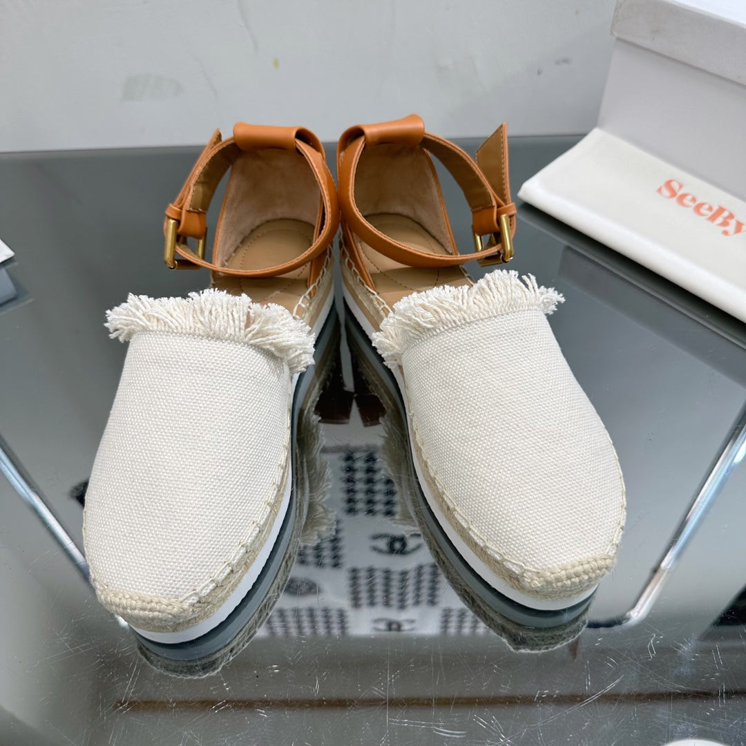 SEE BY CHLOÉ ESPADRILLES SANDAL IN WHITE FABRIC AND BRONZE BROWN CALFSKIN