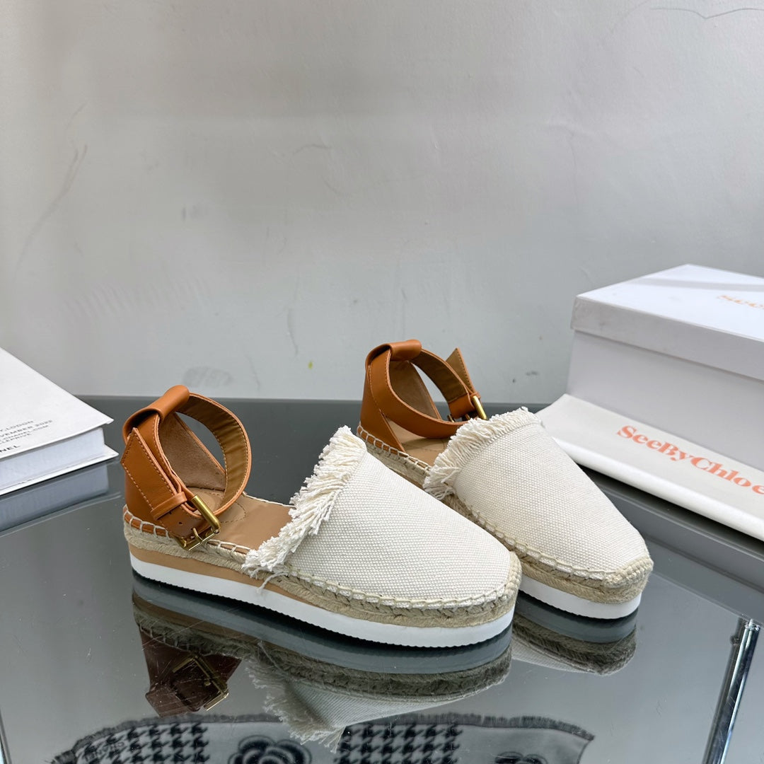 SEE BY CHLOÉ ESPADRILLES SANDAL IN WHITE FABRIC AND BRONZE BROWN CALFSKIN