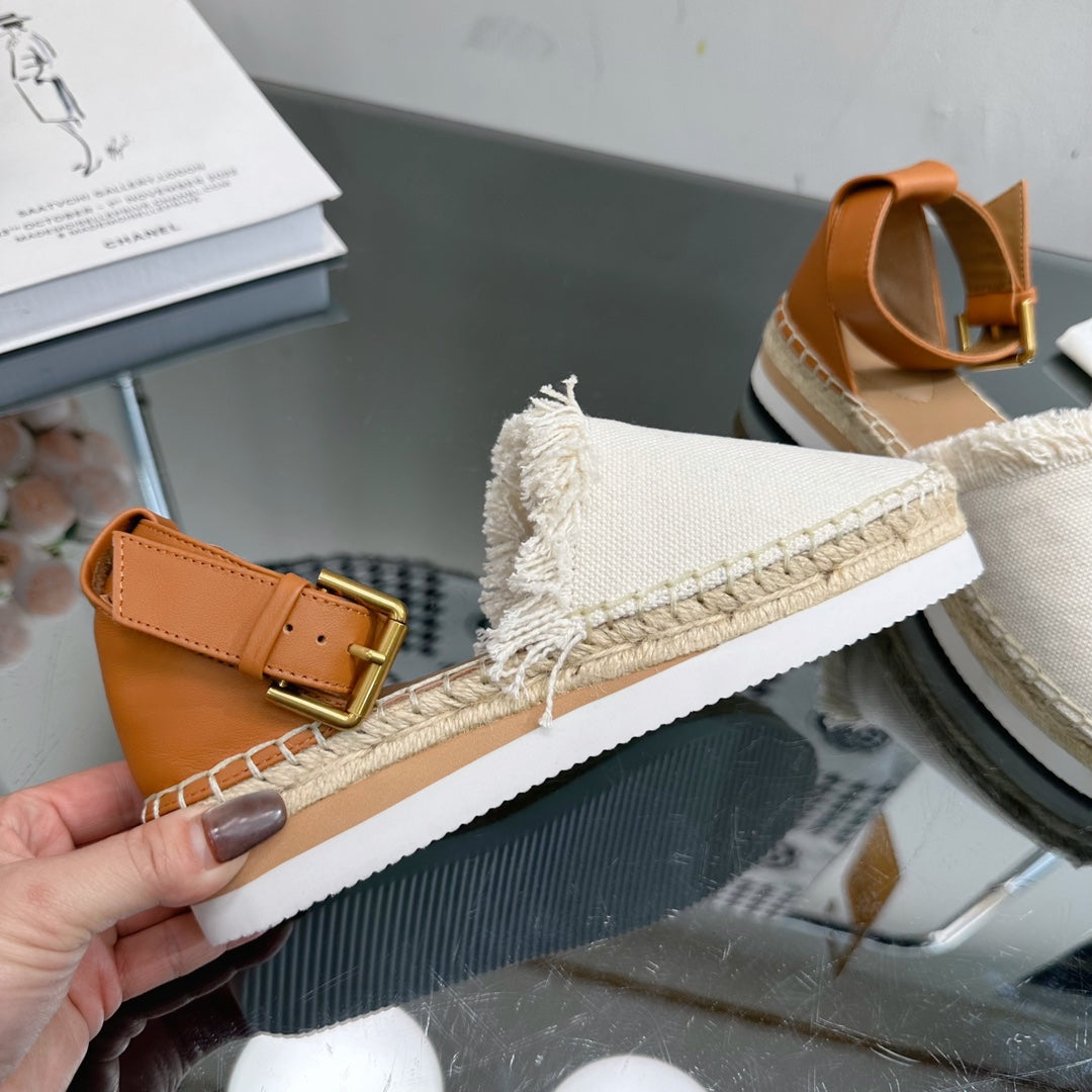 SEE BY CHLOÉ ESPADRILLES SANDAL IN WHITE FABRIC AND BRONZE BROWN CALFSKIN