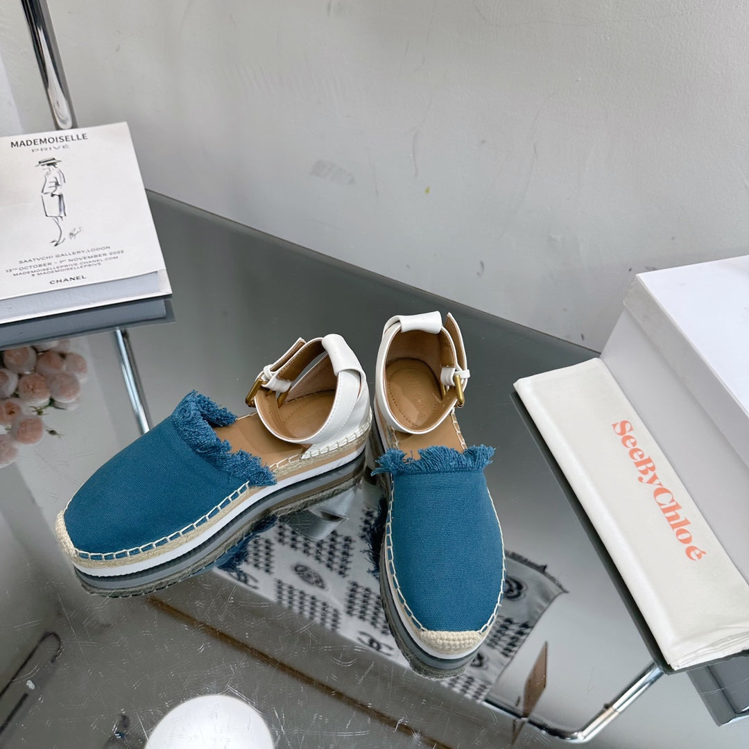 SEE BY CHLOÉ ESPADRILLES SANDAL IN CERULEAN BLUE FABRIC AND WHITE CALFSKIN