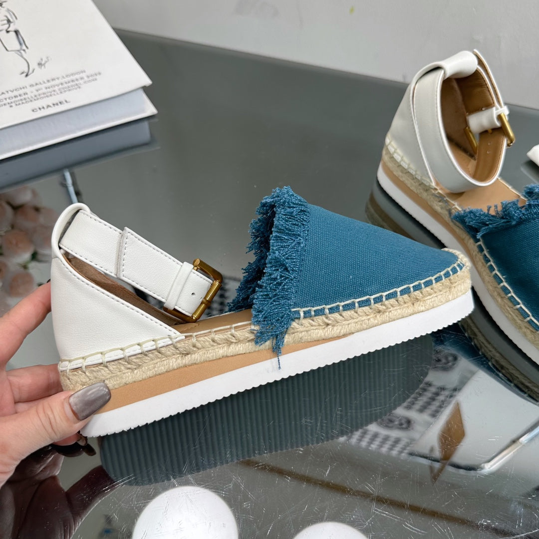 SEE BY CHLOÉ ESPADRILLES SANDAL IN CERULEAN BLUE FABRIC AND WHITE CALFSKIN