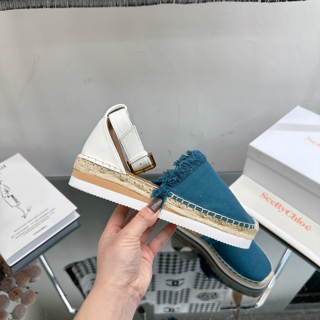 SEE BY CHLOÉ ESPADRILLES SANDAL IN CERULEAN BLUE FABRIC AND WHITE CALFSKIN