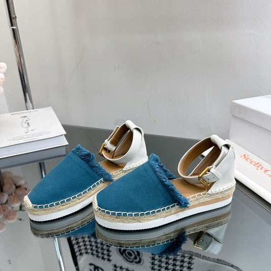 SEE BY CHLOÉ ESPADRILLES SANDAL IN CERULEAN BLUE FABRIC AND WHITE CALFSKIN