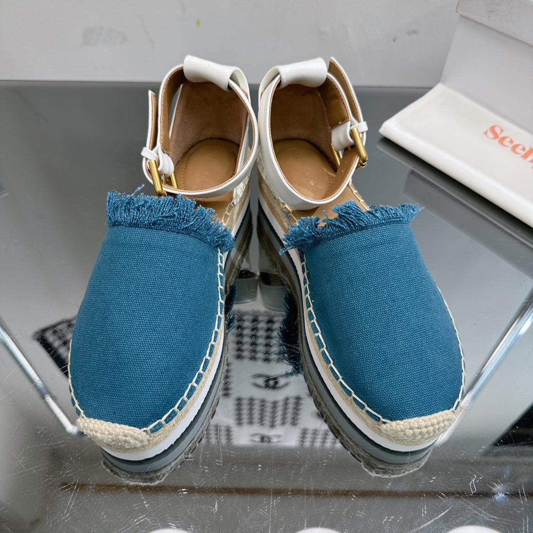 SEE BY CHLOÉ ESPADRILLES SANDAL IN CERULEAN BLUE FABRIC AND WHITE CALFSKIN