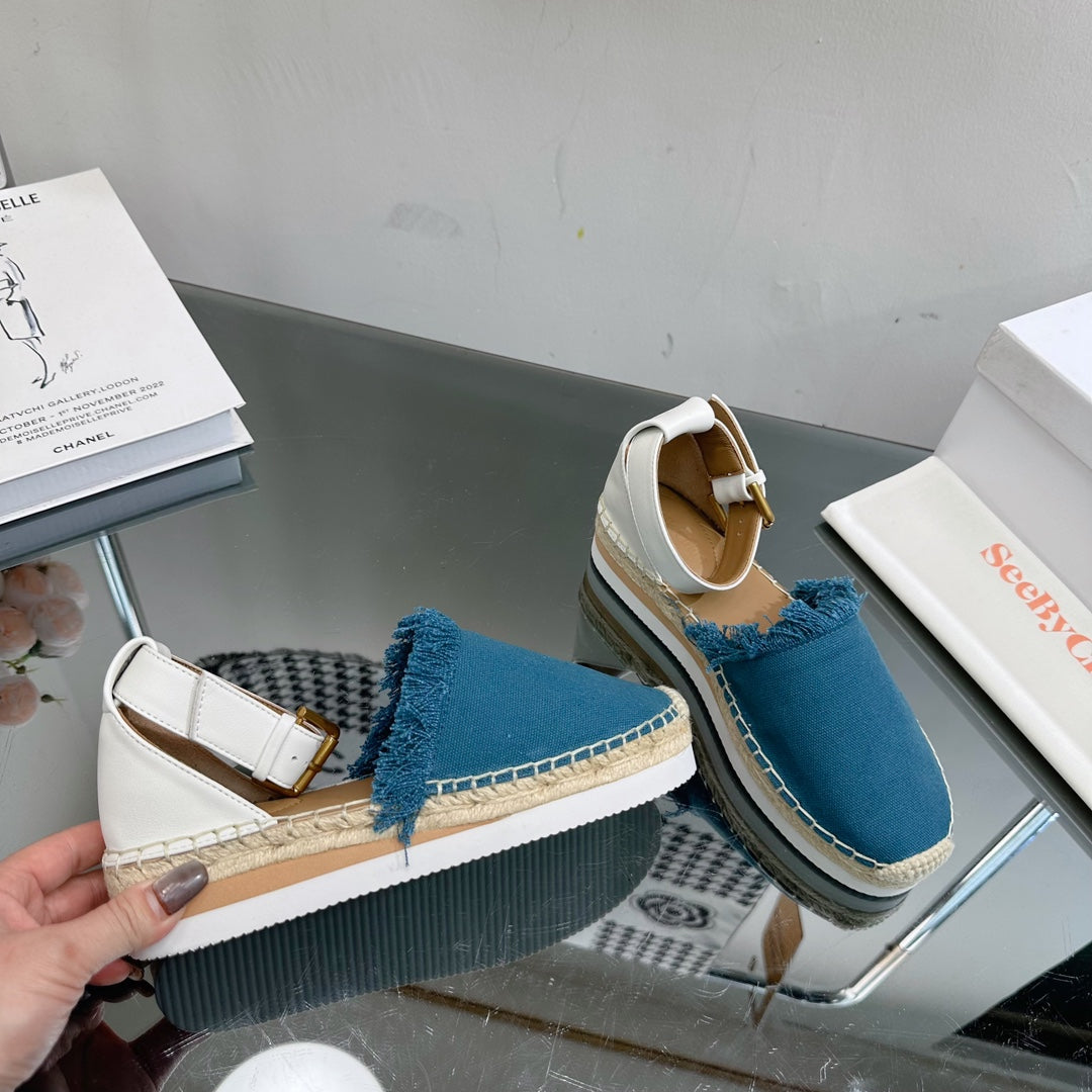 SEE BY CHLOÉ ESPADRILLES SANDAL IN CERULEAN BLUE FABRIC AND WHITE CALFSKIN