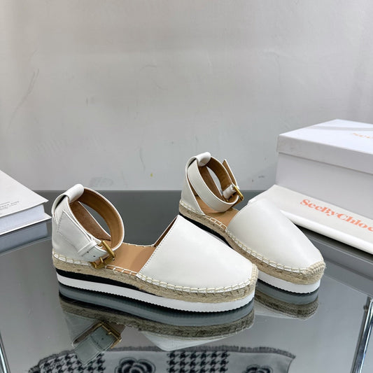 SEE BY CHLOÉ ESPADRILLES SANDAL IN WHITE CALFSKIN AND WOVEN RAFFIA