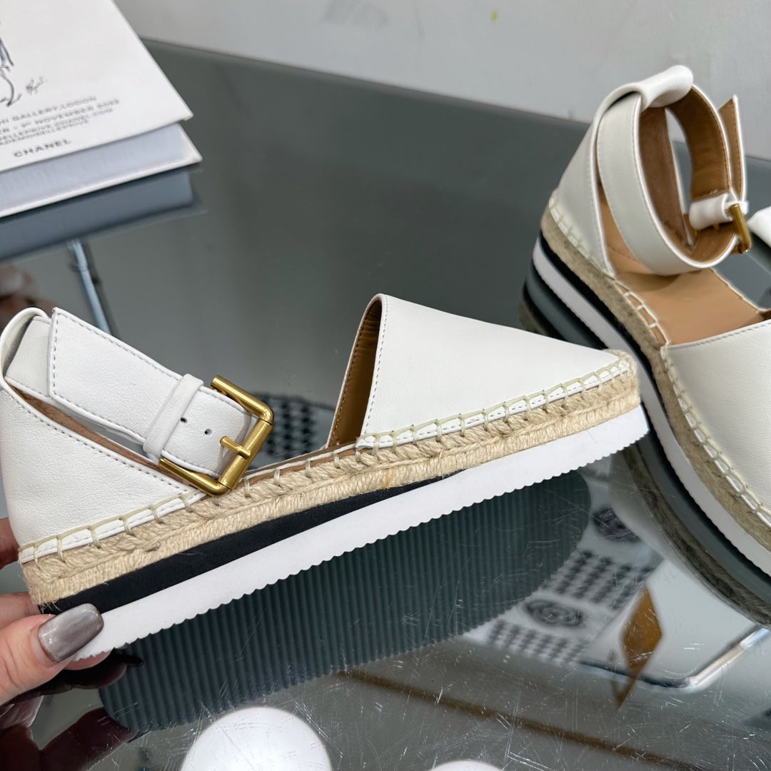 SEE BY CHLOÉ ESPADRILLES SANDAL IN WHITE CALFSKIN AND WOVEN RAFFIA