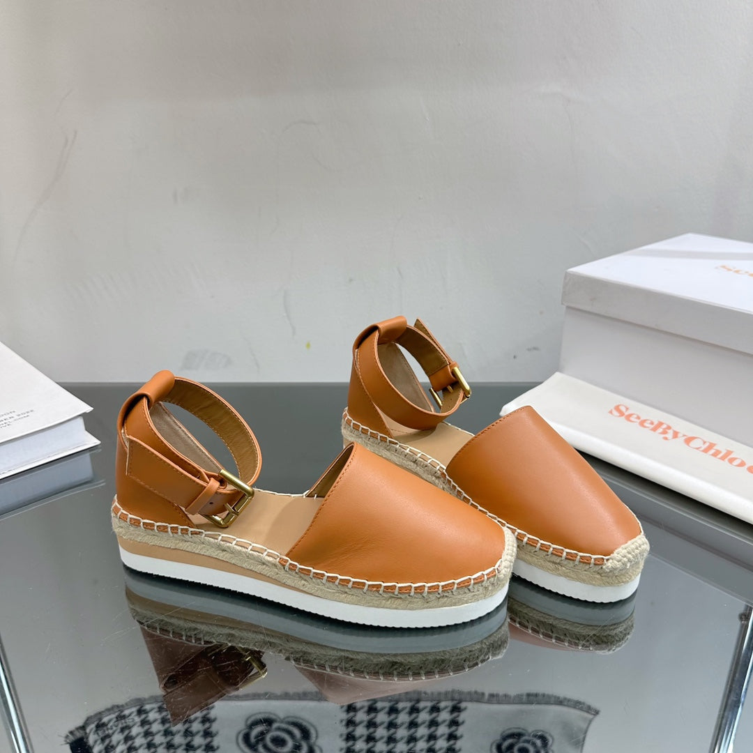 SEE BY CHLOÉ ESPADRILLES SANDAL IN COPPER BROWN CALFSKIN AND WOVEN RAFFIA