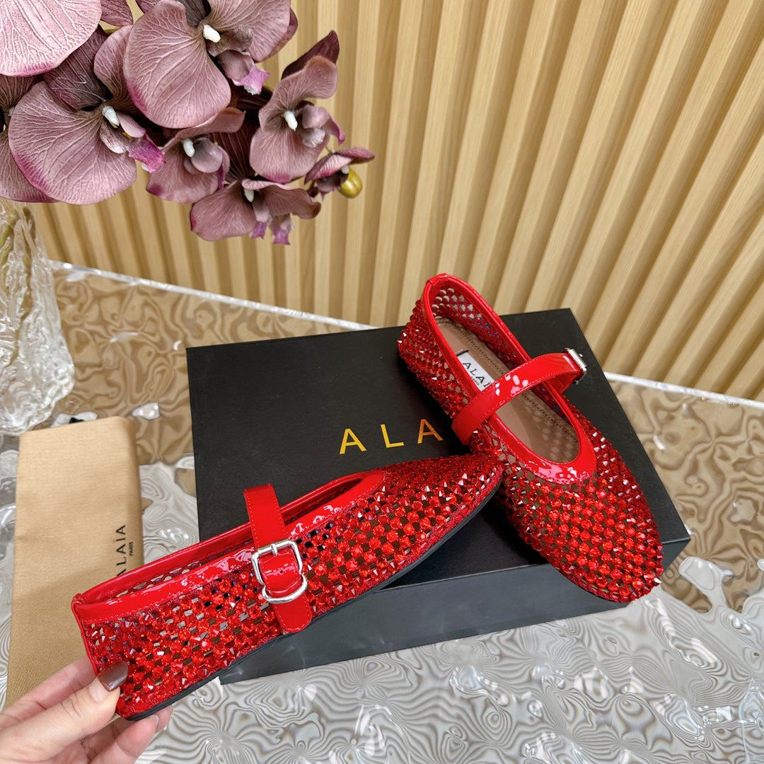 alaia ballet flat stud in fishnet red lambskin