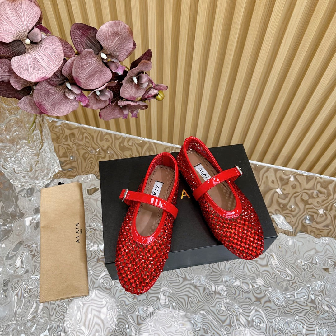 alaia ballet flat stud in fishnet red lambskin