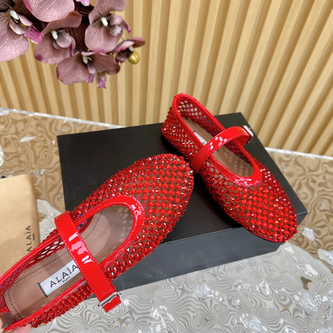 alaia ballet flat stud in fishnet red lambskin