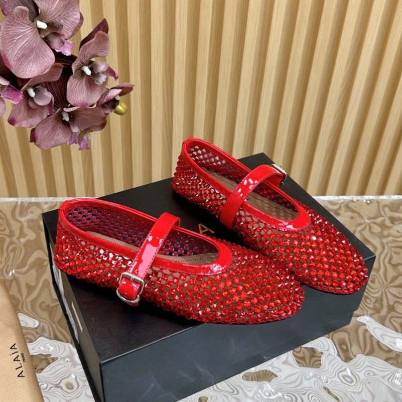 alaia ballet flat stud in fishnet red lambskin