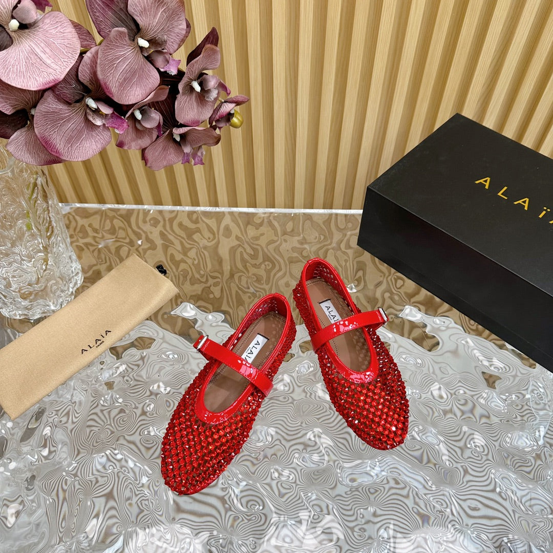 alaia ballet flat stud in fishnet red lambskin