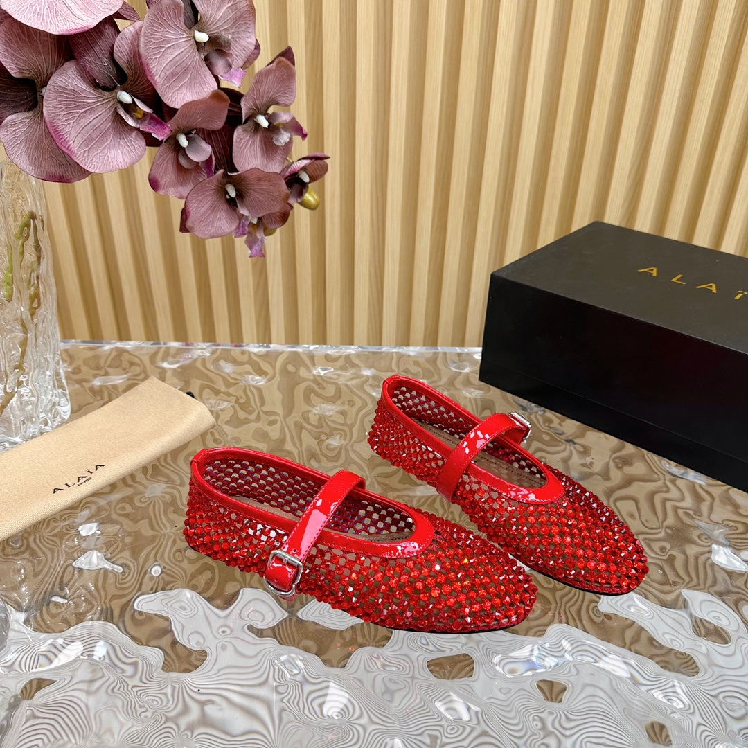 alaia ballet flat stud in fishnet red lambskin