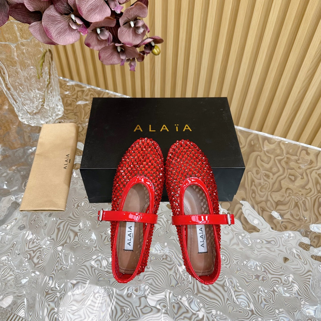 alaia ballet flat stud in fishnet red lambskin