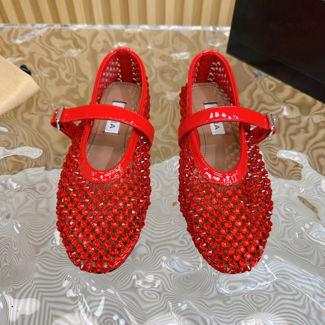 alaia ballet flat stud in fishnet red lambskin