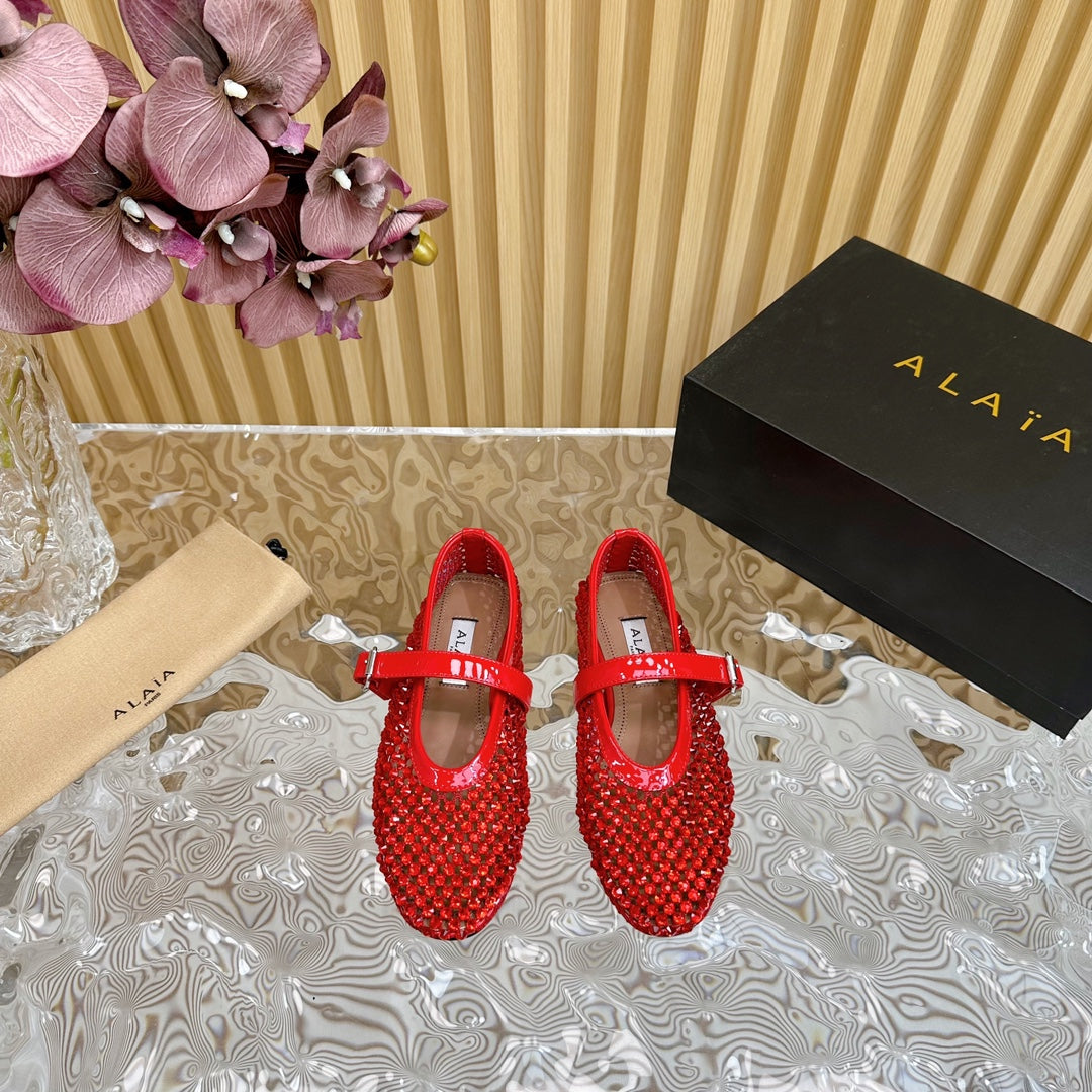 alaia ballet flat stud in fishnet red lambskin