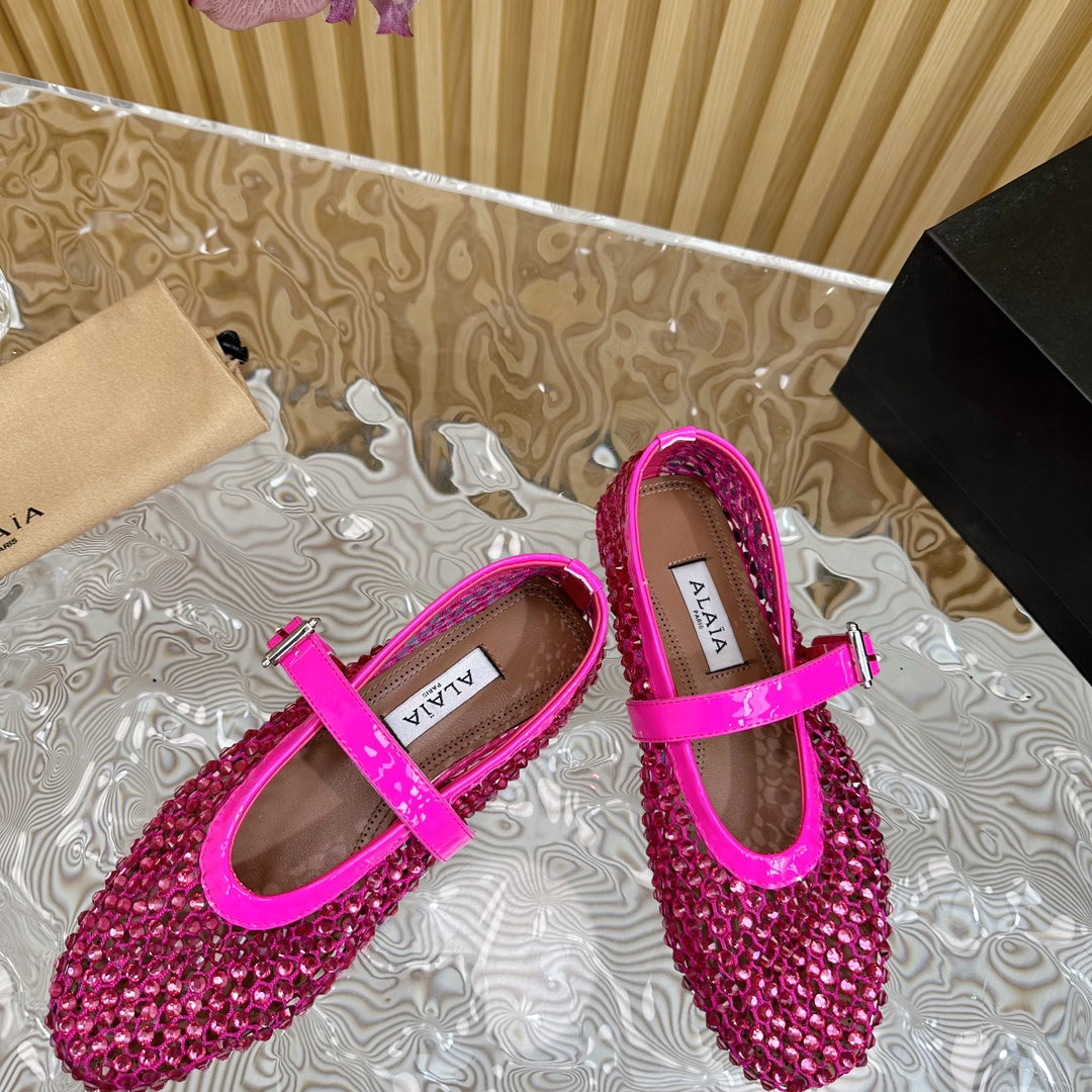 alaia ballet flat stud in fishnet dark pink lambskin