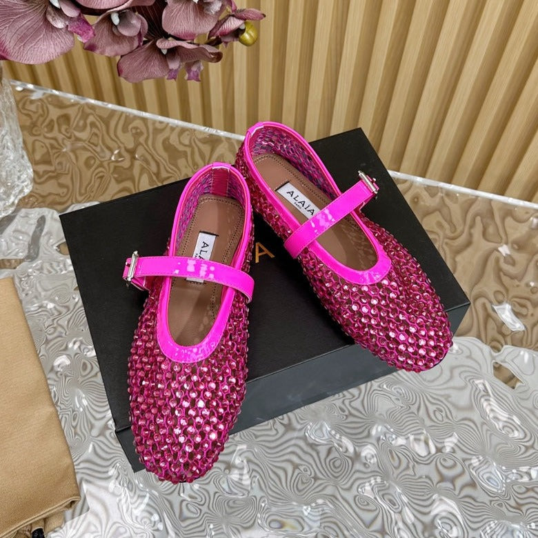 alaia ballet flat stud in fishnet dark pink lambskin