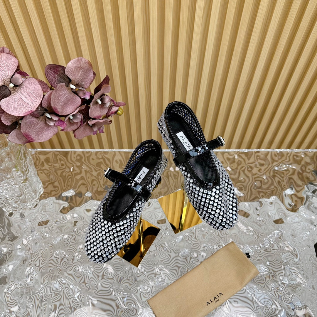 alaia ballet flat stud in fishnet black lambskin