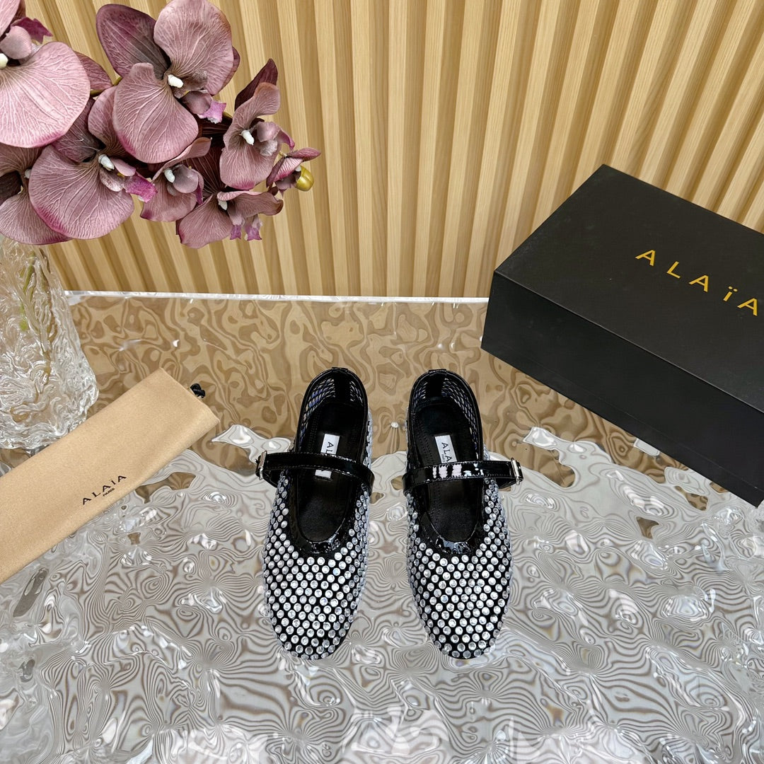 alaia ballet flat stud in fishnet black lambskin