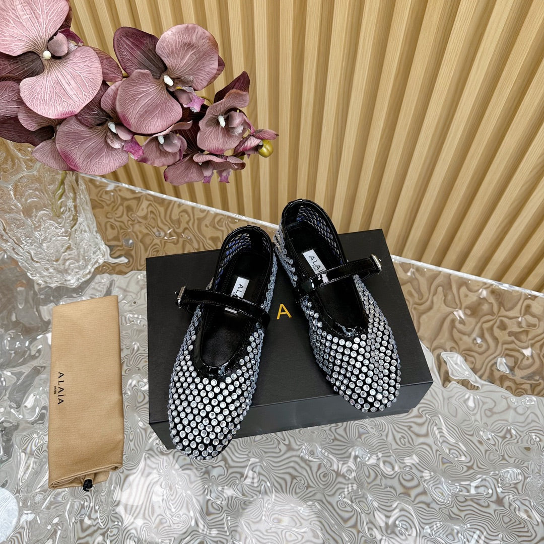 alaia ballet flat stud in fishnet black lambskin