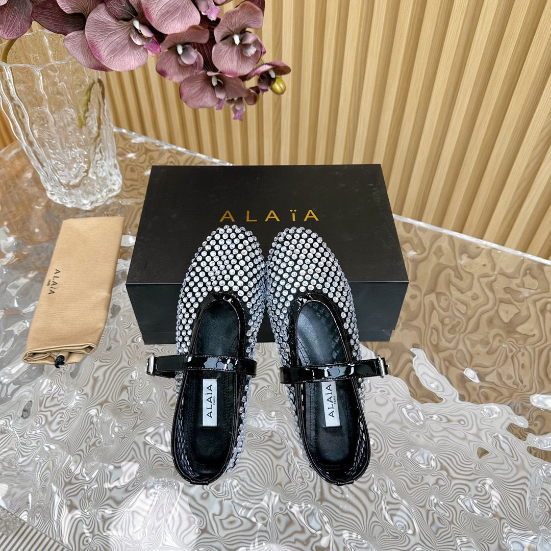 alaia ballet flat stud in fishnet black lambskin