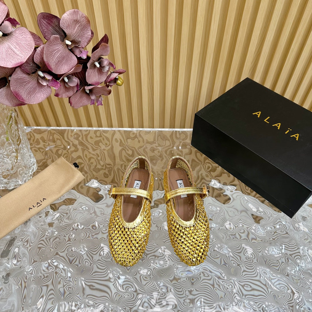 alaia ballet flat stud in fishnet gold metalic lambskin