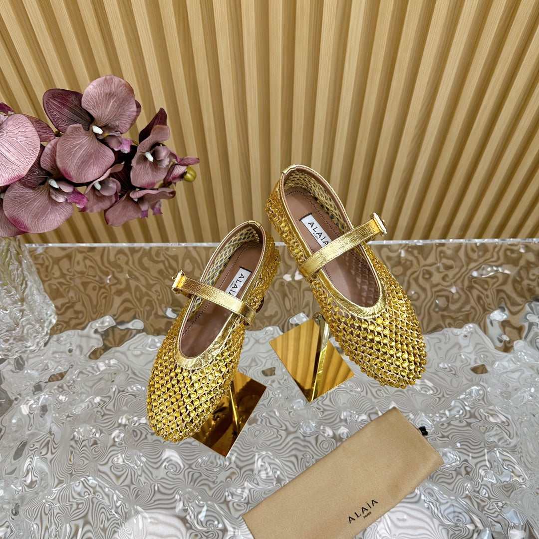 alaia ballet flat stud in fishnet gold metalic lambskin