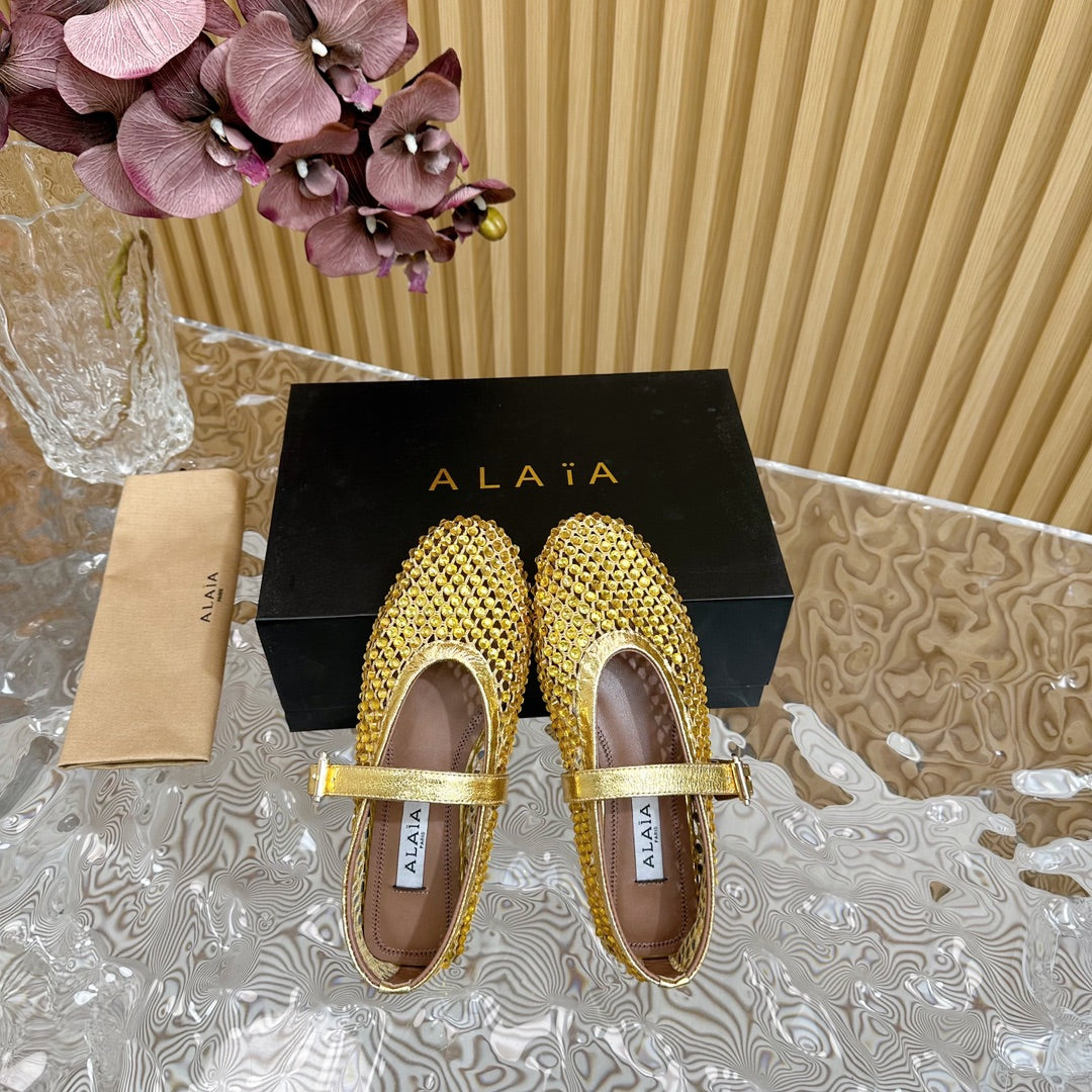 alaia ballet flat stud in fishnet gold metalic lambskin