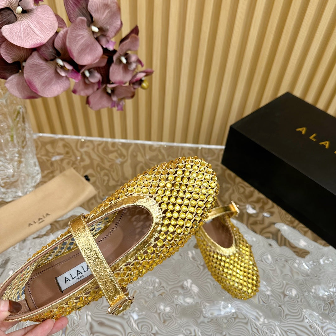 alaia ballet flat stud in fishnet gold metalic lambskin