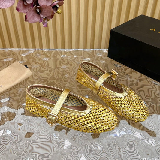 alaia ballet flat stud in fishnet gold metalic lambskin