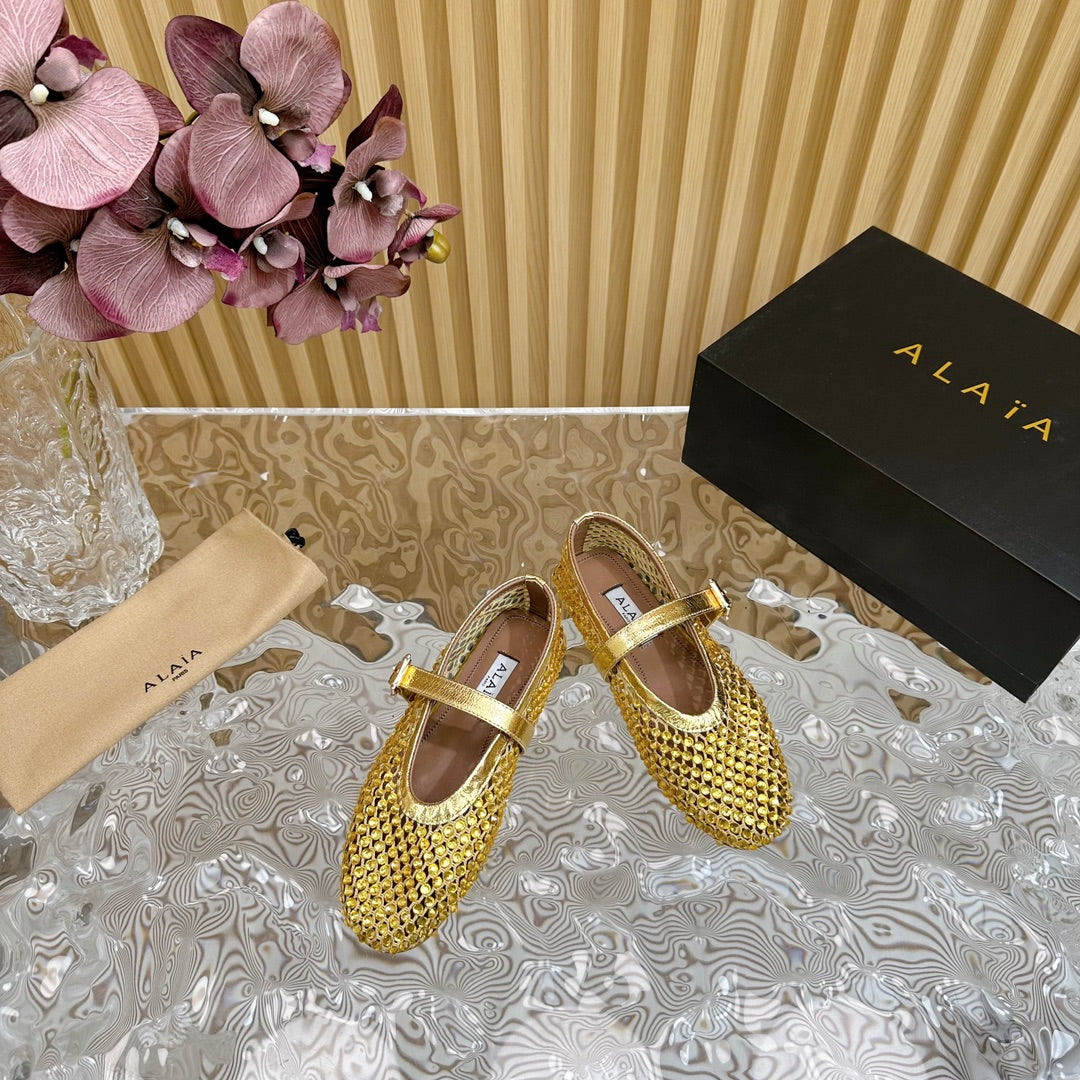 alaia ballet flat stud in fishnet gold metalic lambskin