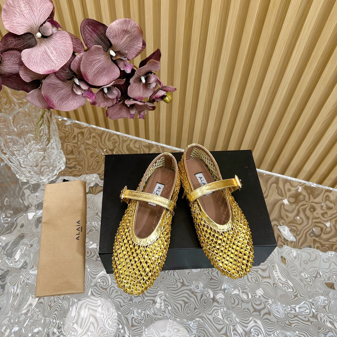 alaia ballet flat stud in fishnet gold metalic lambskin