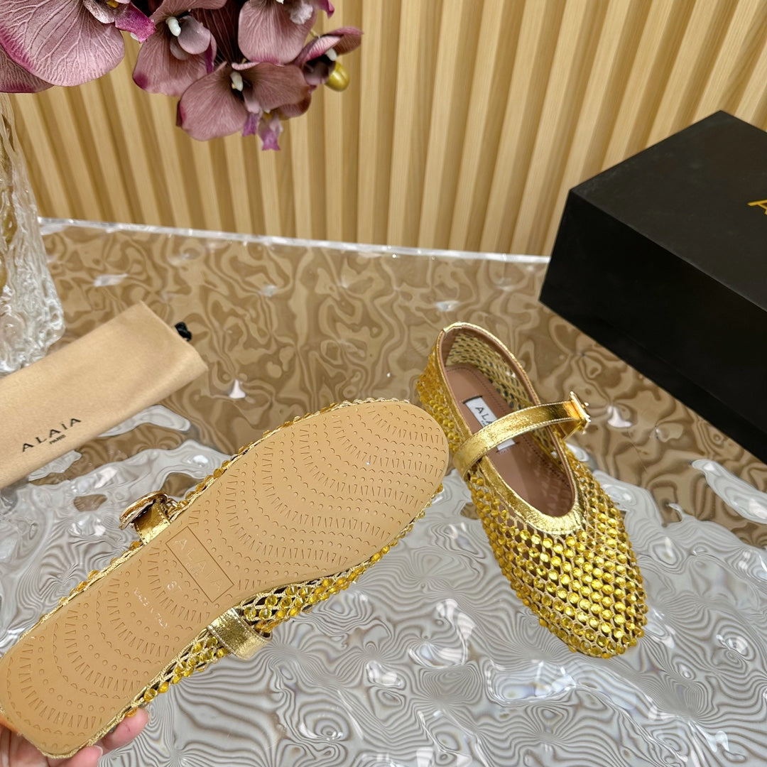 alaia ballet flat stud in fishnet gold metalic lambskin